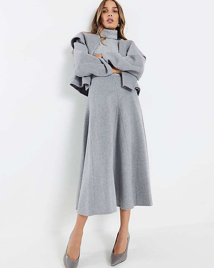 Grey Premium Wool Blend Midi Godet Skirt