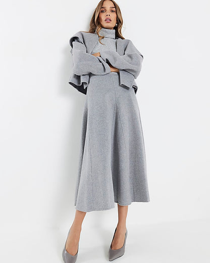 Grey Premium Wool Blend Midi Godet Skirt