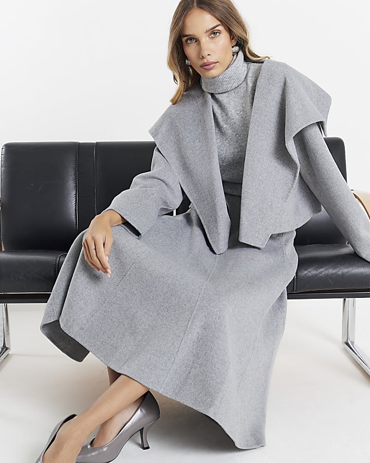 Grey Premium Wool Blend Midi Godet Skirt