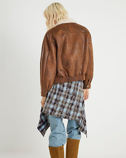 Brown Shearling Trim Biker Jacket