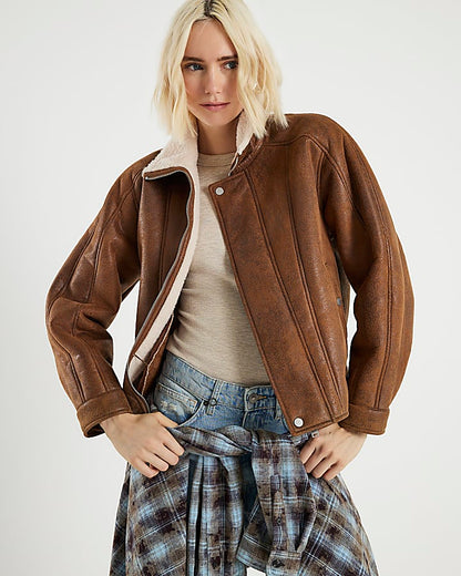 Brown Shearling Trim Biker Jacket
