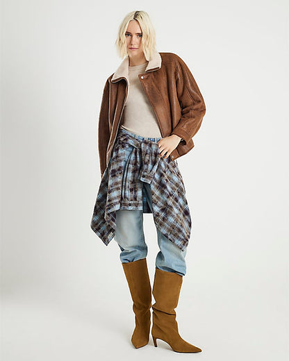 Brown Shearling Trim Biker Jacket