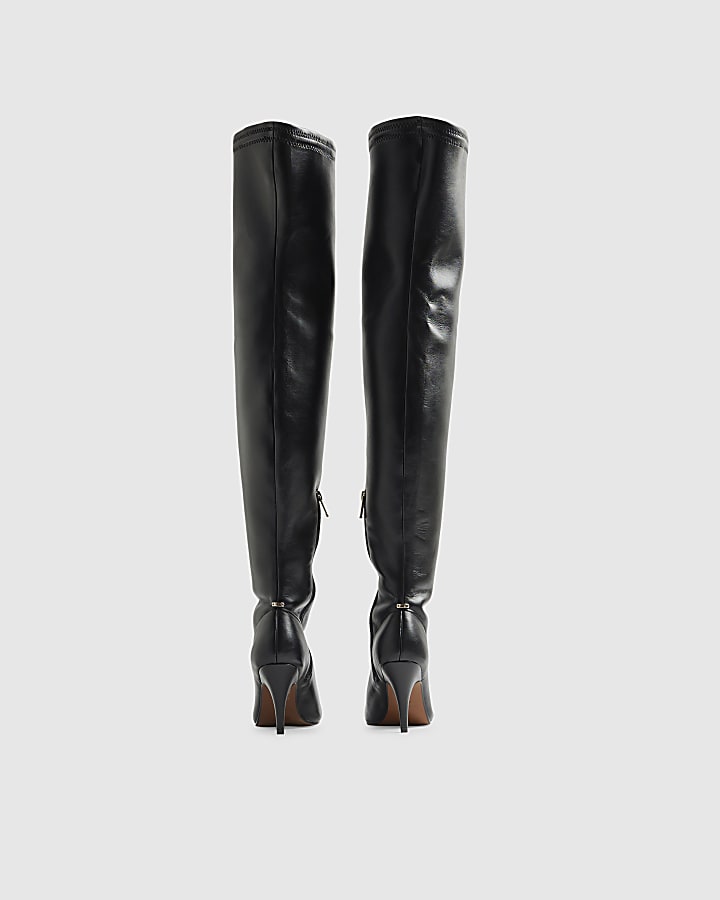 Black Chisel Toe Thigh High Heeled Boots
