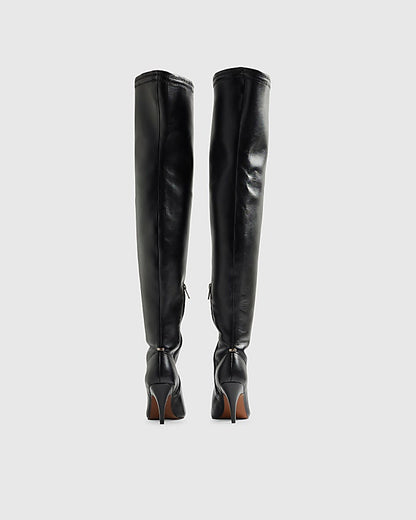 Black Chisel Toe Thigh High Heeled Boots