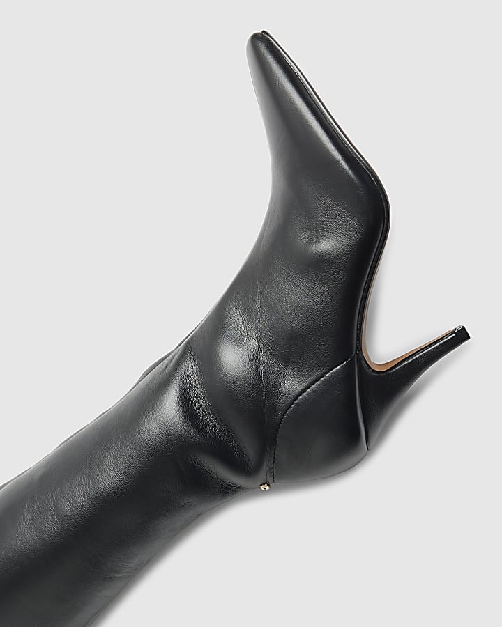Black Chisel Toe Thigh High Heeled Boots