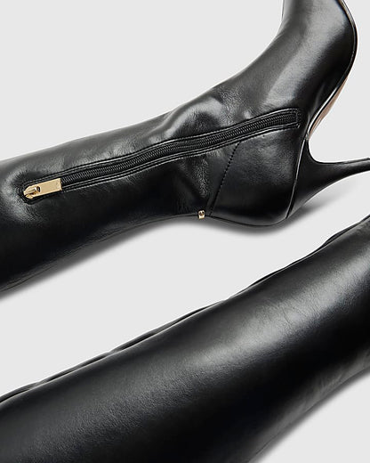 Black Chisel Toe Thigh High Heeled Boots