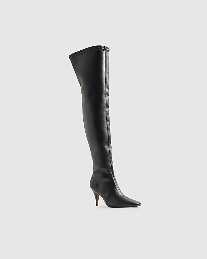 Black Chisel Toe Thigh High Heeled Boots