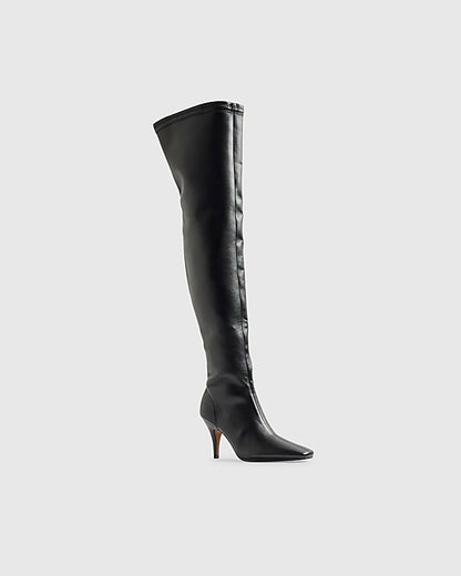 Black Chisel Toe Thigh High Heeled Boots