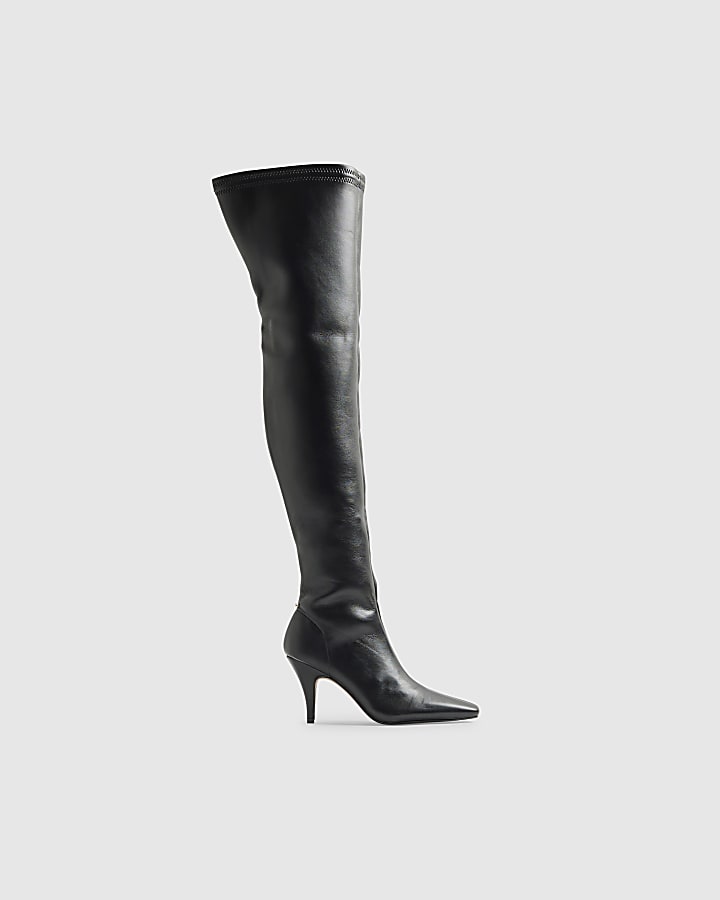 Black Chisel Toe Thigh High Heeled Boots