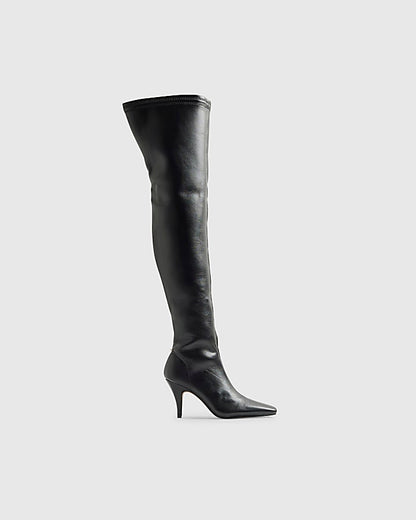 Black Chisel Toe Thigh High Heeled Boots