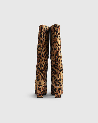 Brown Leather Leopard Print High Leg Boots