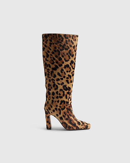 Brown Leather Leopard Print High Leg Boots