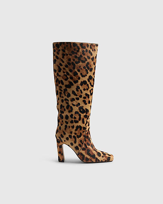 Brown Leather Leopard Print High Leg Boots