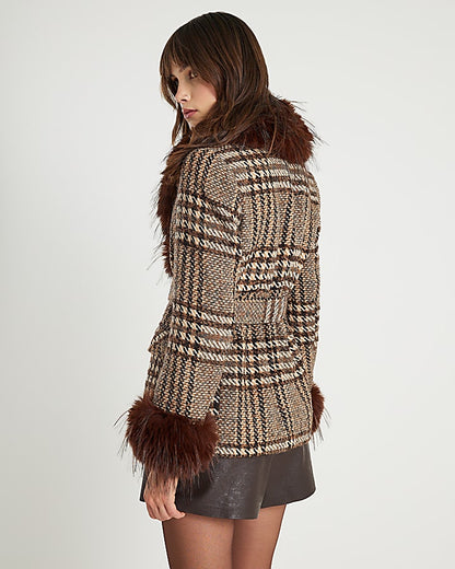Brown Faux Fur Collar Check Wrap Coat