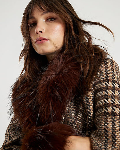 Brown Faux Fur Collar Check Wrap Coat