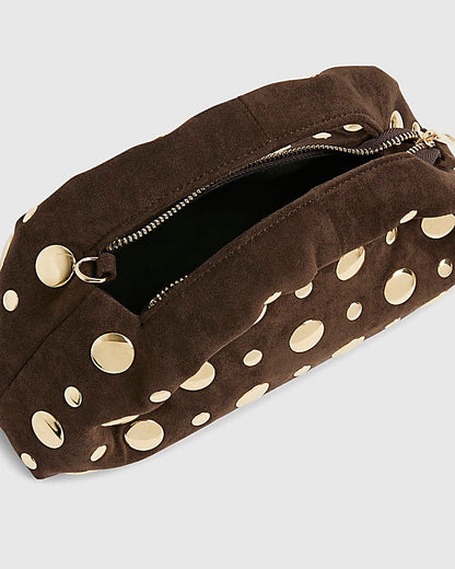 Brown Faux Suede Studded Cross Body Bag