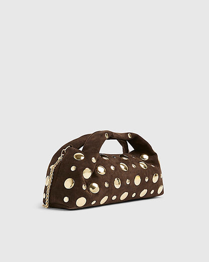 Brown Faux Suede Studded Cross Body Bag