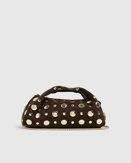 Brown Faux Suede Studded Cross Body Bag