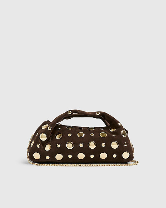 Brown Faux Suede Studded Cross Body Bag