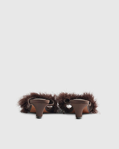 Brown Feather Kitten Heel Mules