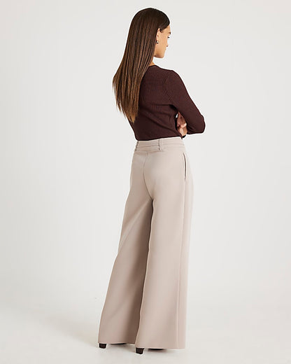 Beige Tie Waist Wide Leg Trousers
