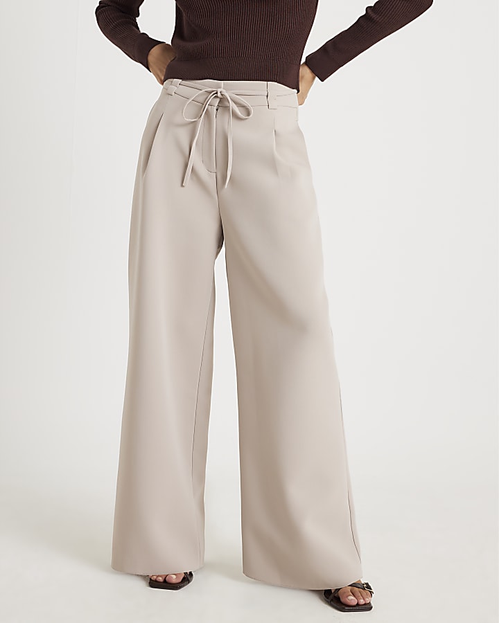 Beige Tie Waist Wide Leg Trousers