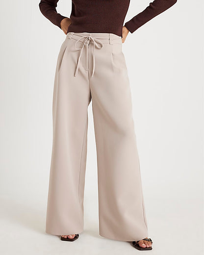 Beige Tie Waist Wide Leg Trousers