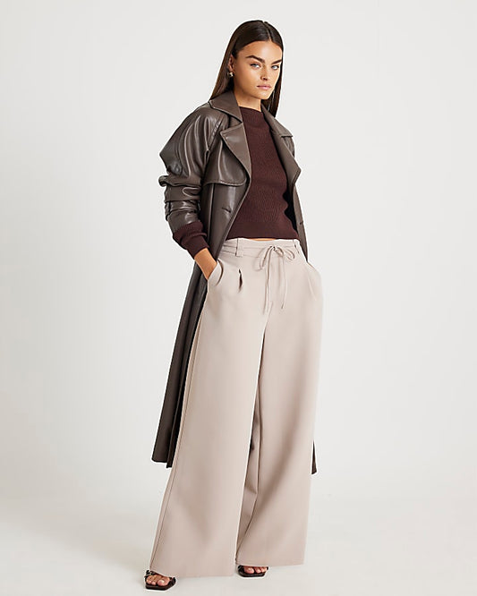Beige Tie Waist Wide Leg Trousers