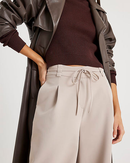 Beige Tie Waist Wide Leg Trousers