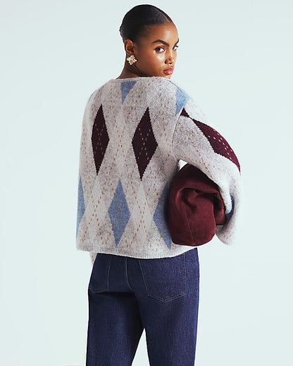 Grey Knitted Argyle Print Cardigan