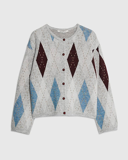 Grey Knitted Argyle Print Cardigan