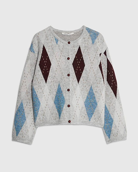 Grey Knitted Argyle Print Cardigan