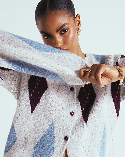 Grey Knitted Argyle Print Cardigan