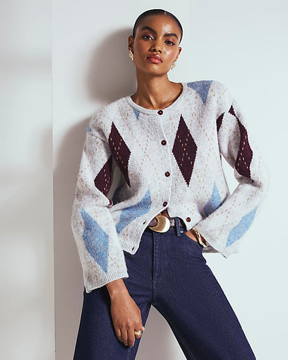 Grey Knitted Argyle Print Cardigan