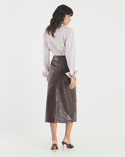 Brown Faux Leather Square Button Midi Skirt