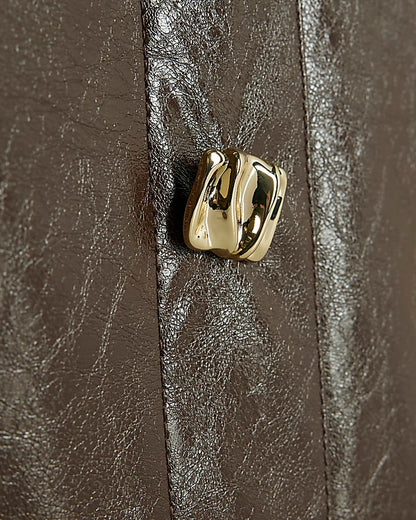 Brown Faux Leather Square Button Midi Skirt
