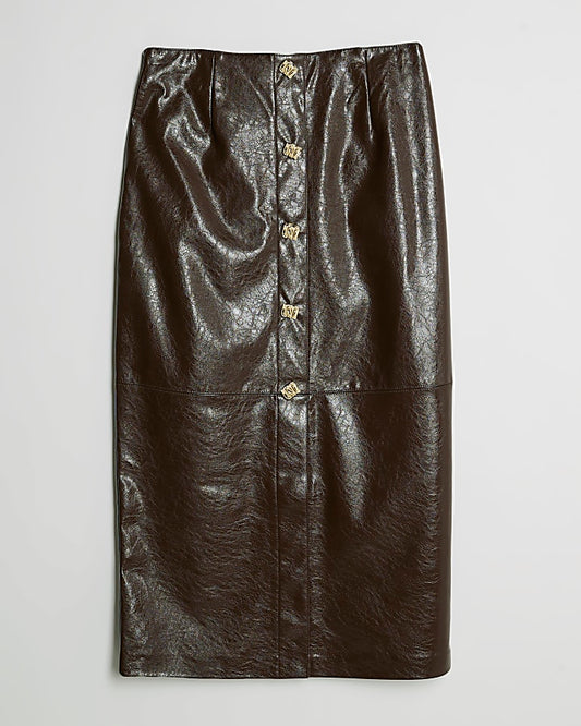 Brown Faux Leather Square Button Midi Skirt
