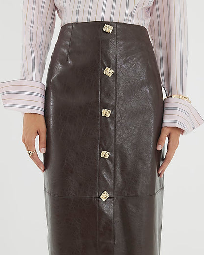 Brown Faux Leather Square Button Midi Skirt
