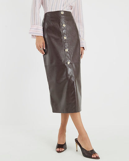Brown Faux Leather Square Button Midi Skirt