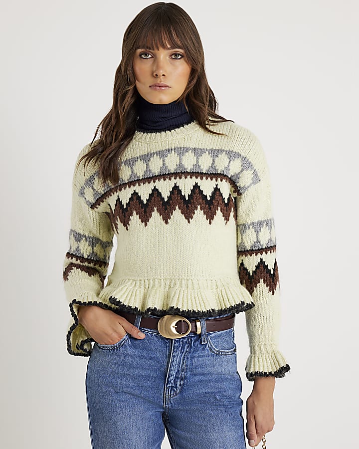 Green Frill Knitted Fair Isle Jumper