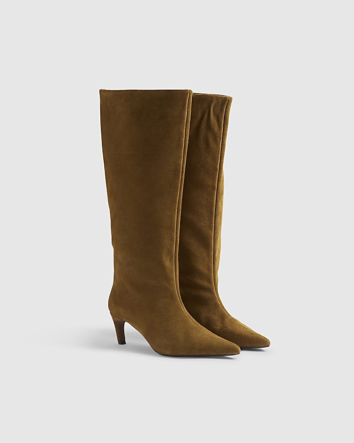 Brown Suede Straight High Leg Boots