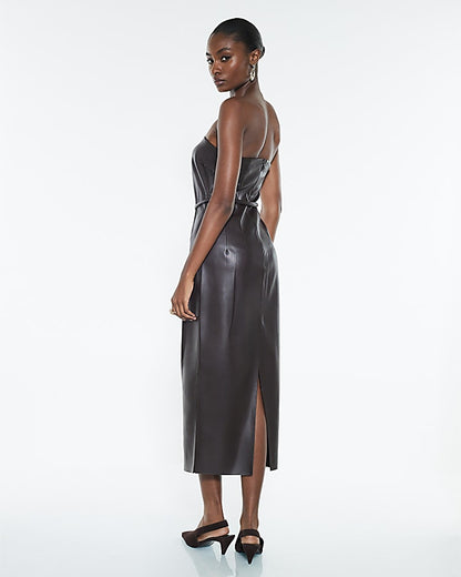 Brown Faux Leather Belted Bandeau Midi Dress
