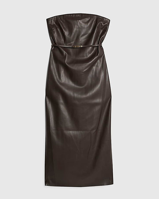 Brown Faux Leather Belted Bandeau Midi Dress