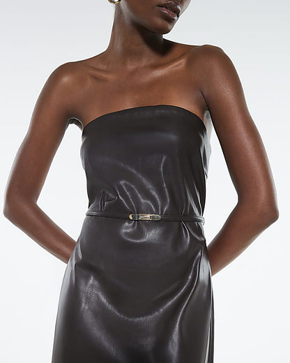 Brown Faux Leather Belted Bandeau Midi Dress