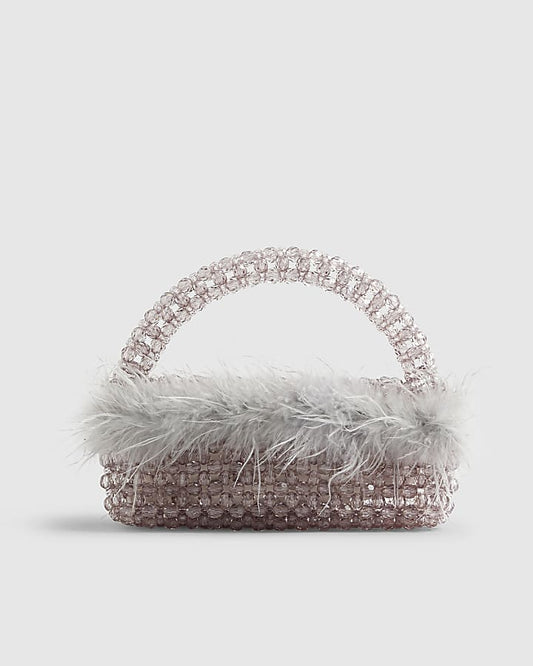 Grey Beaded Feather Trim Clutch Bag