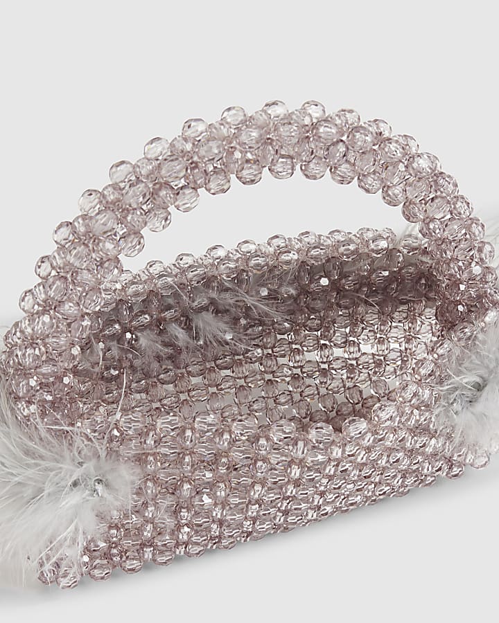 Grey Beaded Feather Trim Clutch Bag