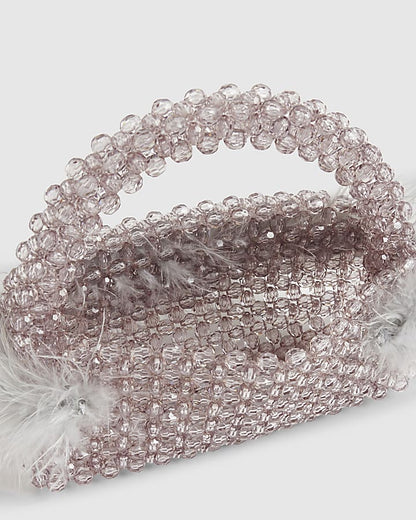 Grey Beaded Feather Trim Clutch Bag