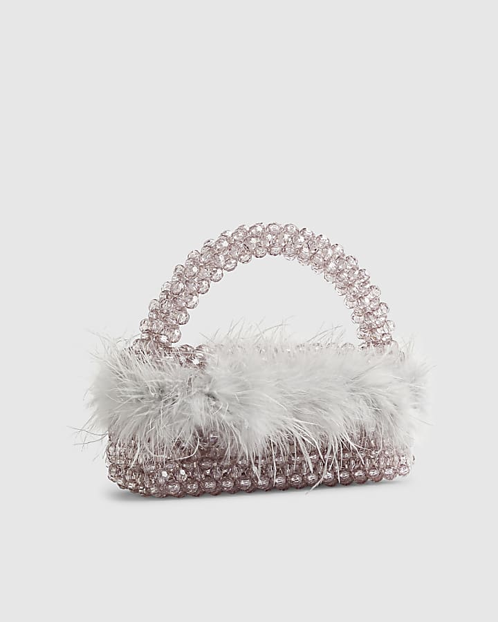 Grey Beaded Feather Trim Clutch Bag
