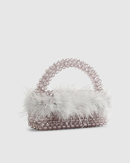 Grey Beaded Feather Trim Clutch Bag