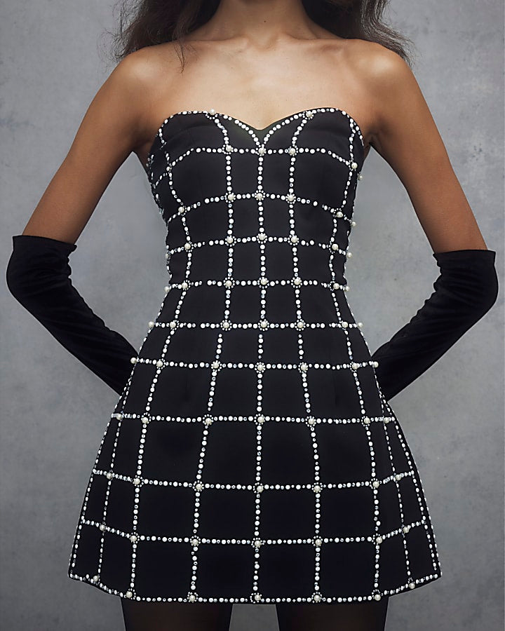 Black Pearl Embellished Mini Dress | River Island